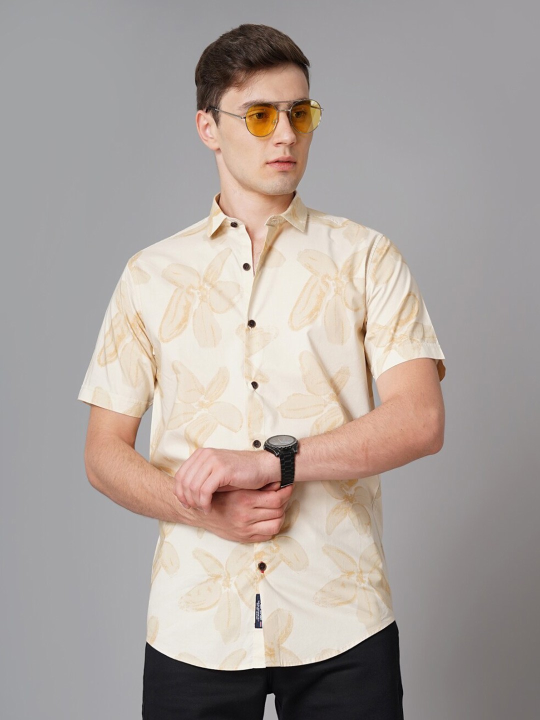 

PAUL STREET Standard Slim Fit Floral Printed Cotton Casual Shirt, Beige