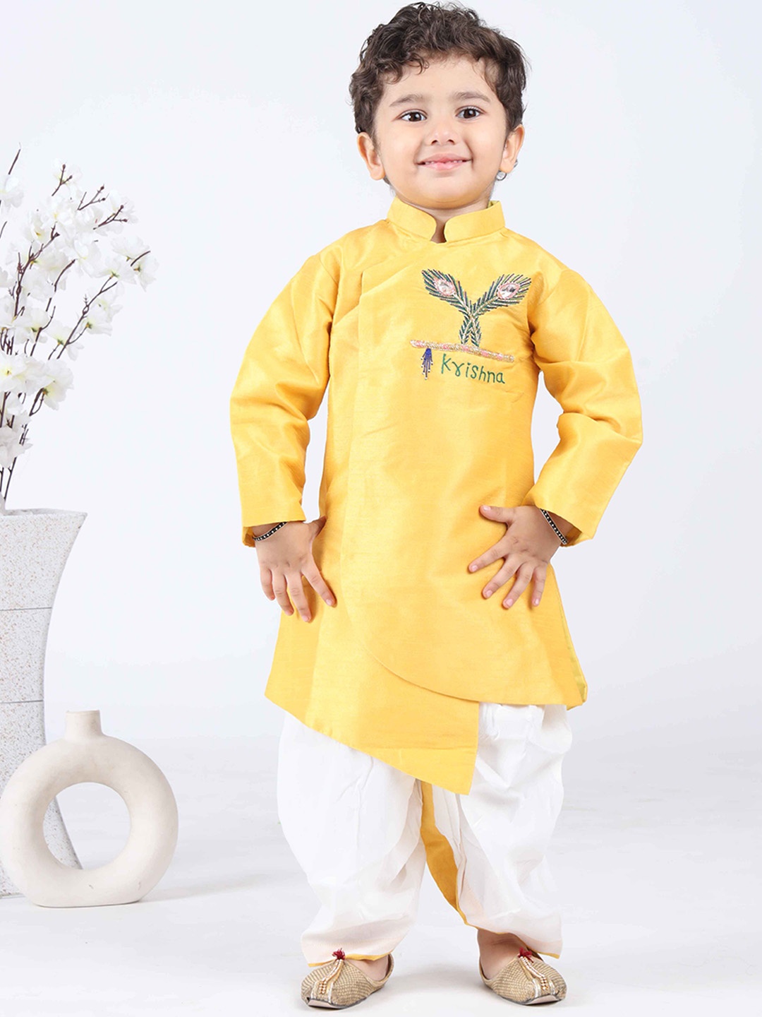 

Maaikid Boys Ethnic Motifs Embroidered Kurta with Dhoti Pants, Yellow