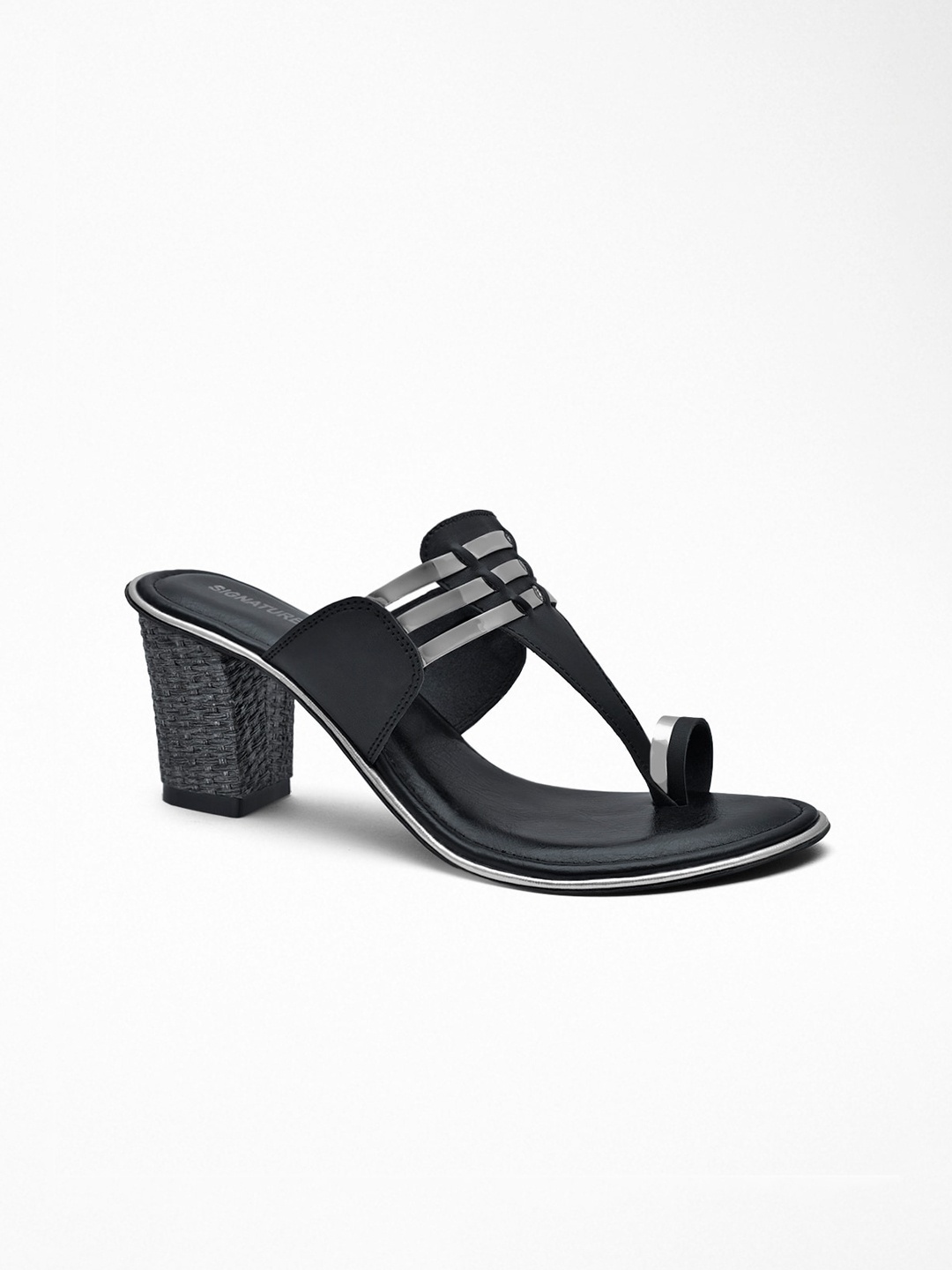 

Signature Sole Striped One Toe Block Heels, Black