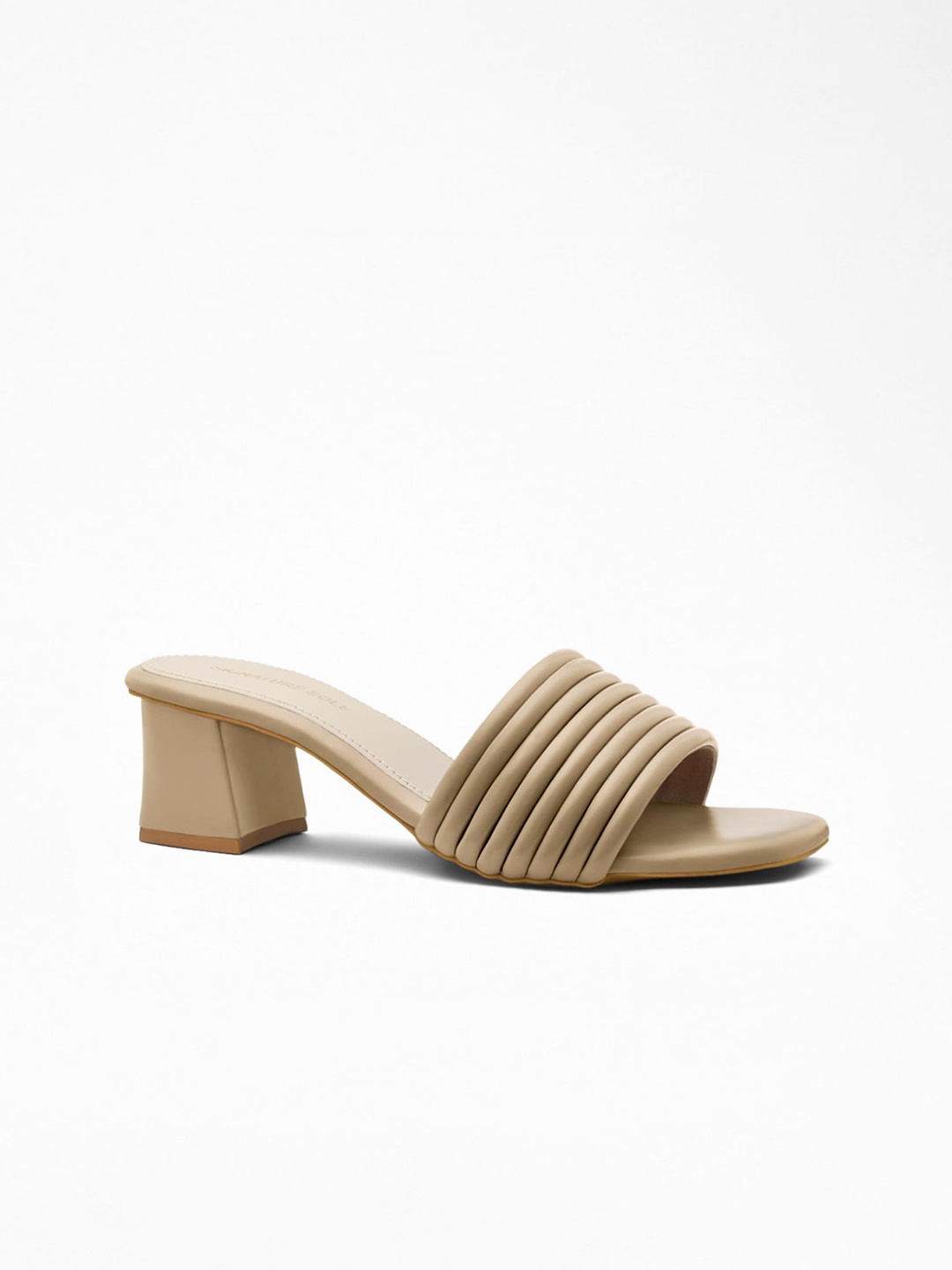 

Signature Sole Textured Open Toe Block Heels, Beige