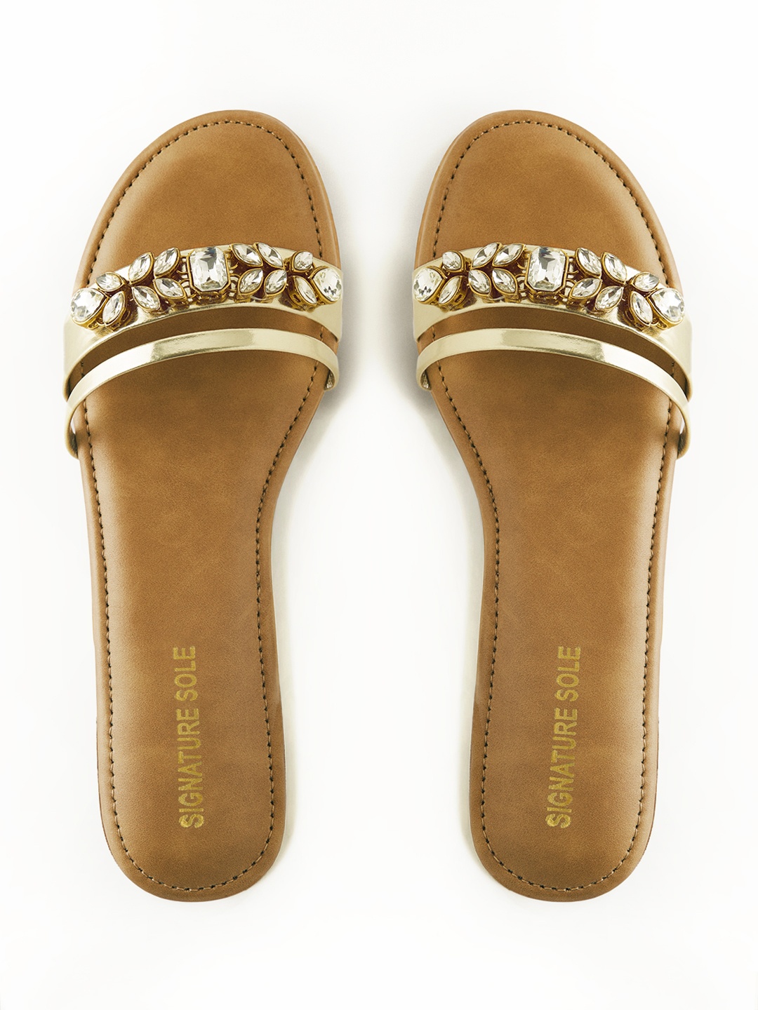 

Signature Sole Embellished Open Toe Flats, Tan