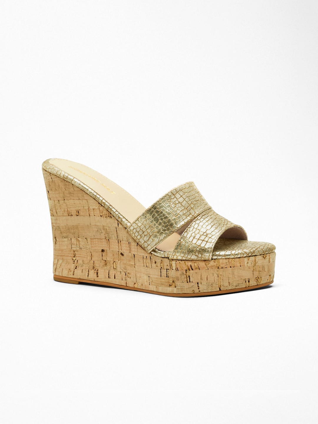 

Signature Sole Cork Textured Open Toe Heels, Gold