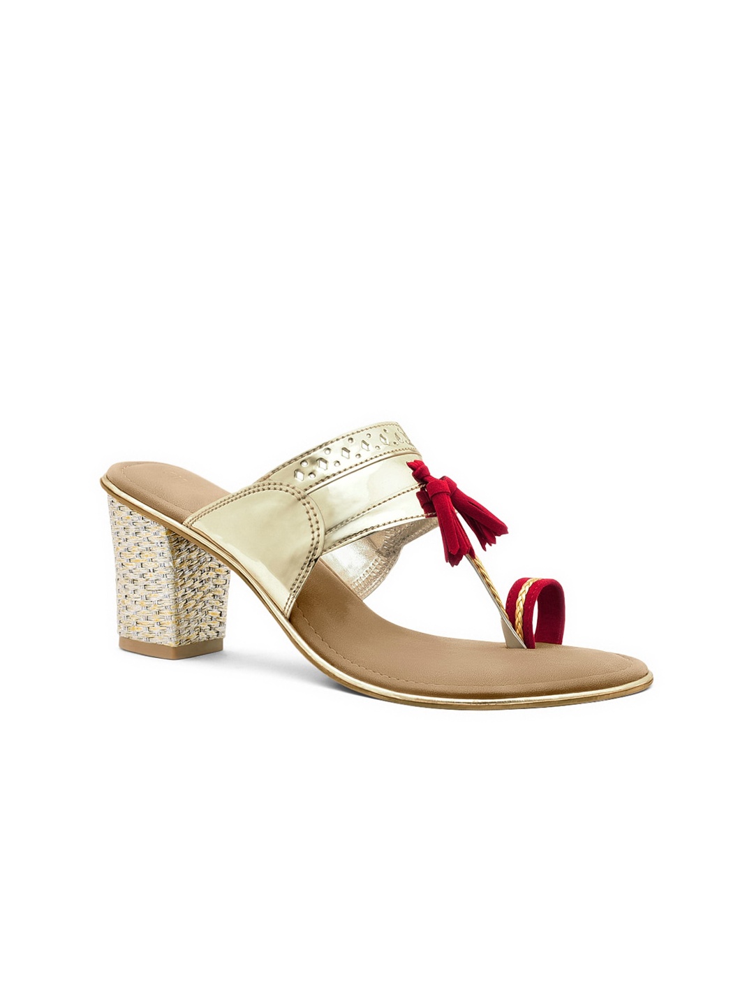 

Signature Sole Ethnic Textured Tassels One Toe Block Heels, Gold