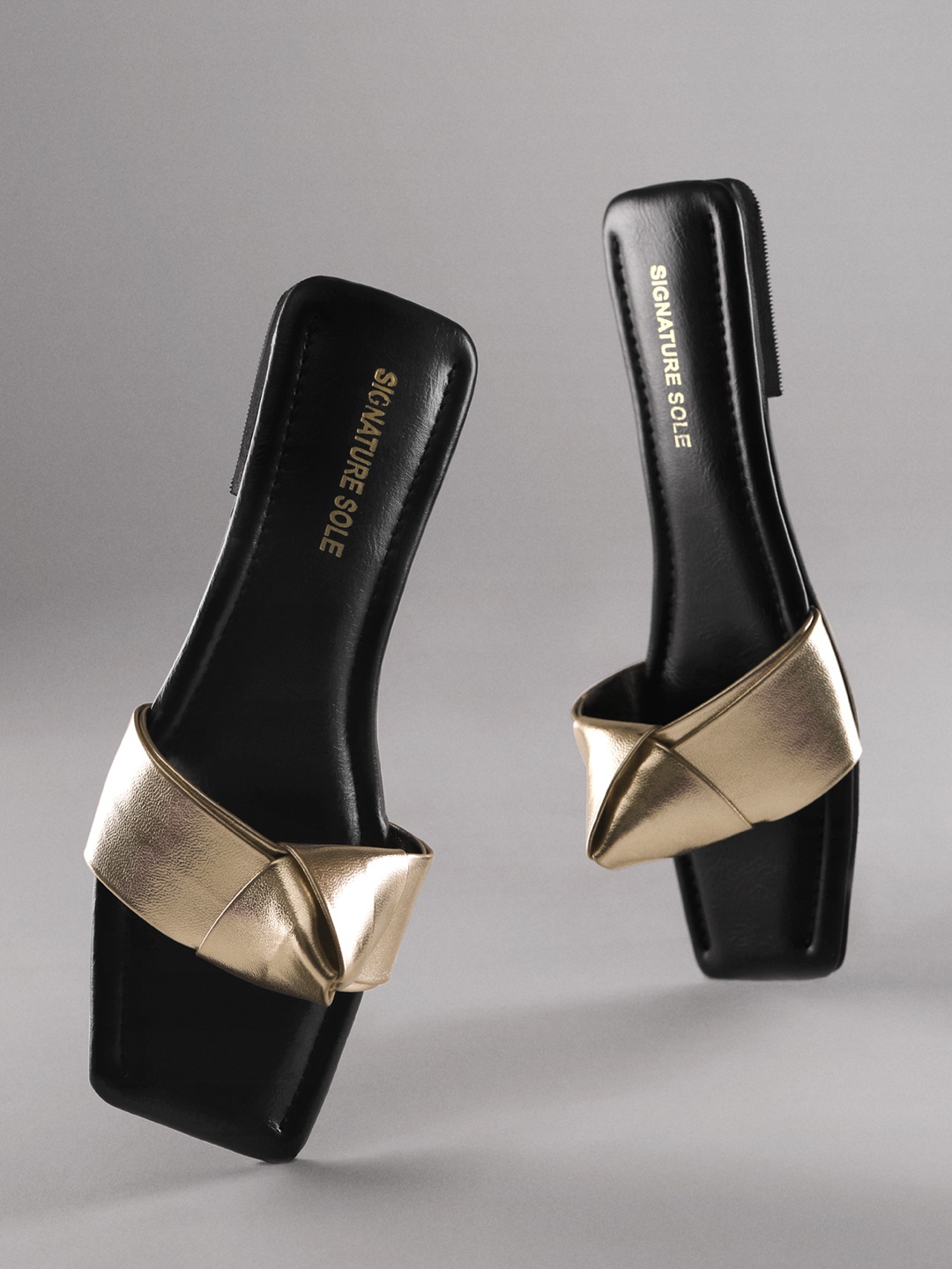 

Signature Sole Knotted Strap Open Toe Flats, Gold