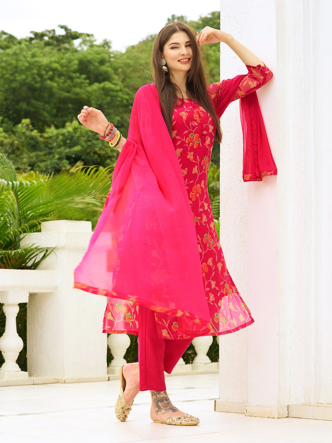 

KALINI Floral Printed Kurta With Trousers & Dupatta, Pink