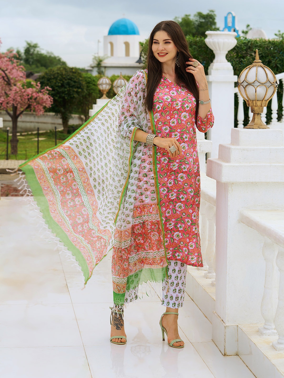 

KALINI Floral Printed Kurta With Trousers & Dupatta, Red