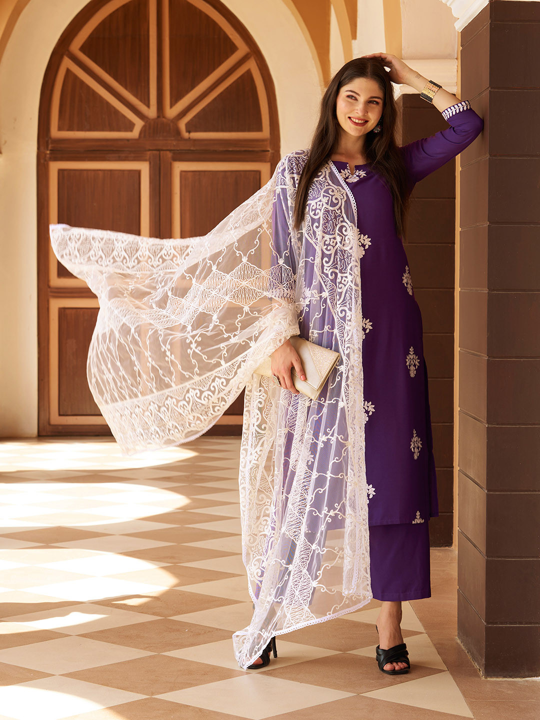 

KALINI Ethnic Motifs Embroidered Regular Thread Work Kurta with Palazzos & Dupatta, Violet