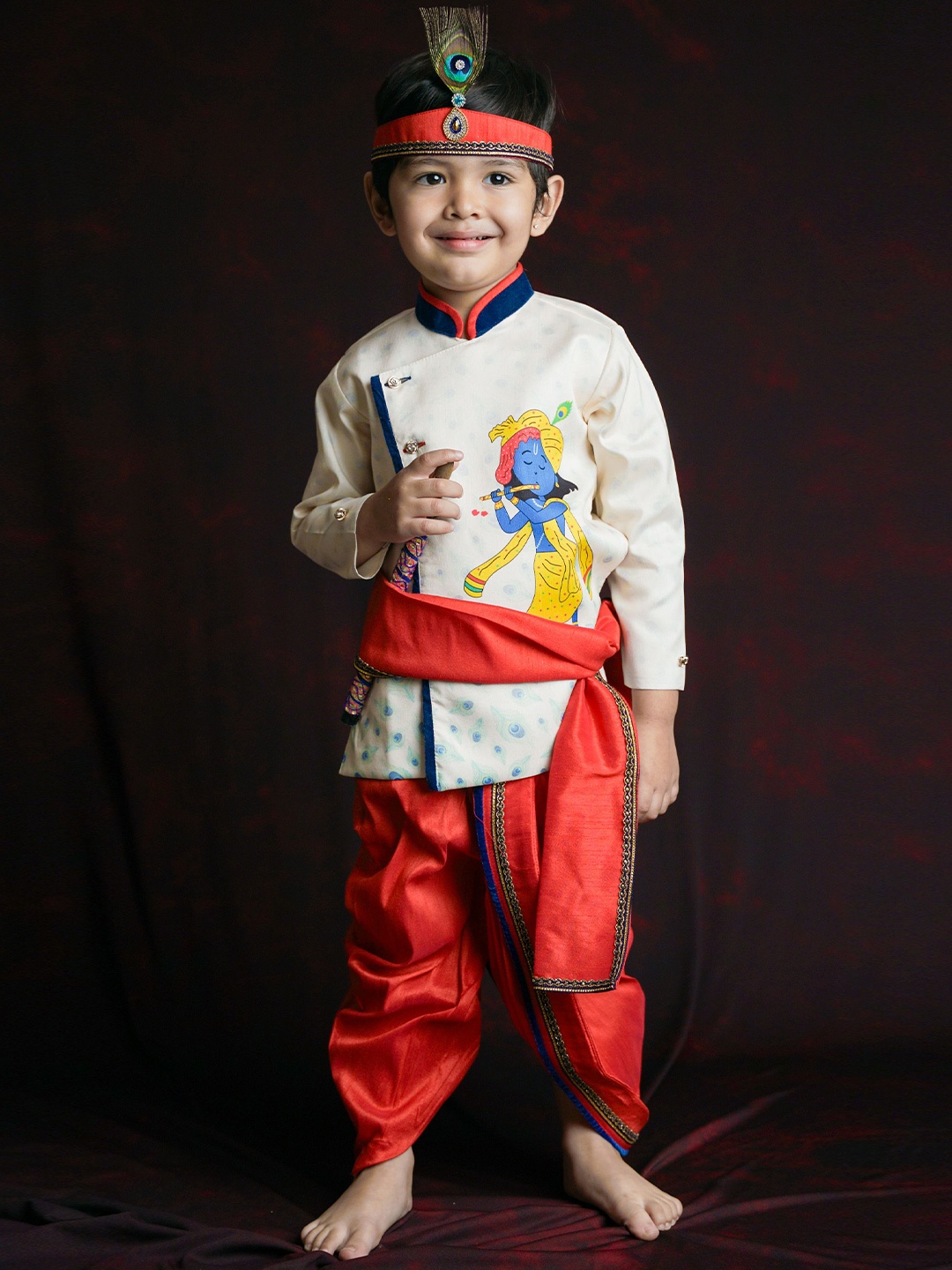 

Baby Moo Kids Little Krishna Printed Mandarin Collar Long Sleeve Clothing Set, Red