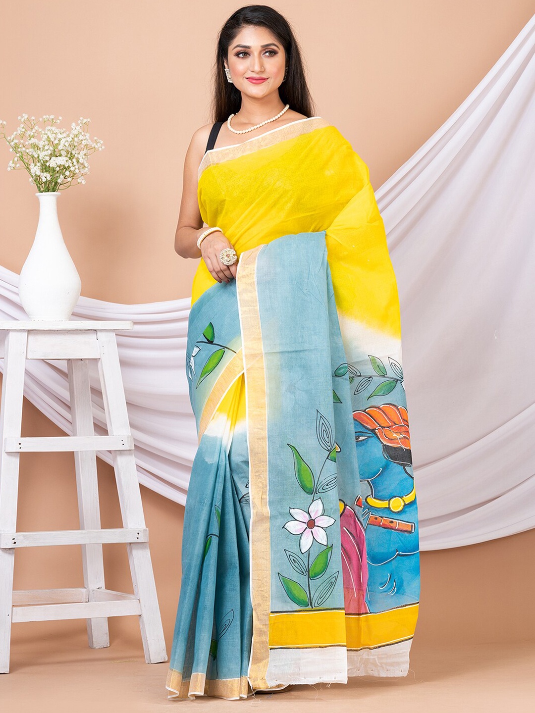 

HOUSE OF ARLI Ethnic Motifs Printed Zari Pure Cotton Saree, Yellow