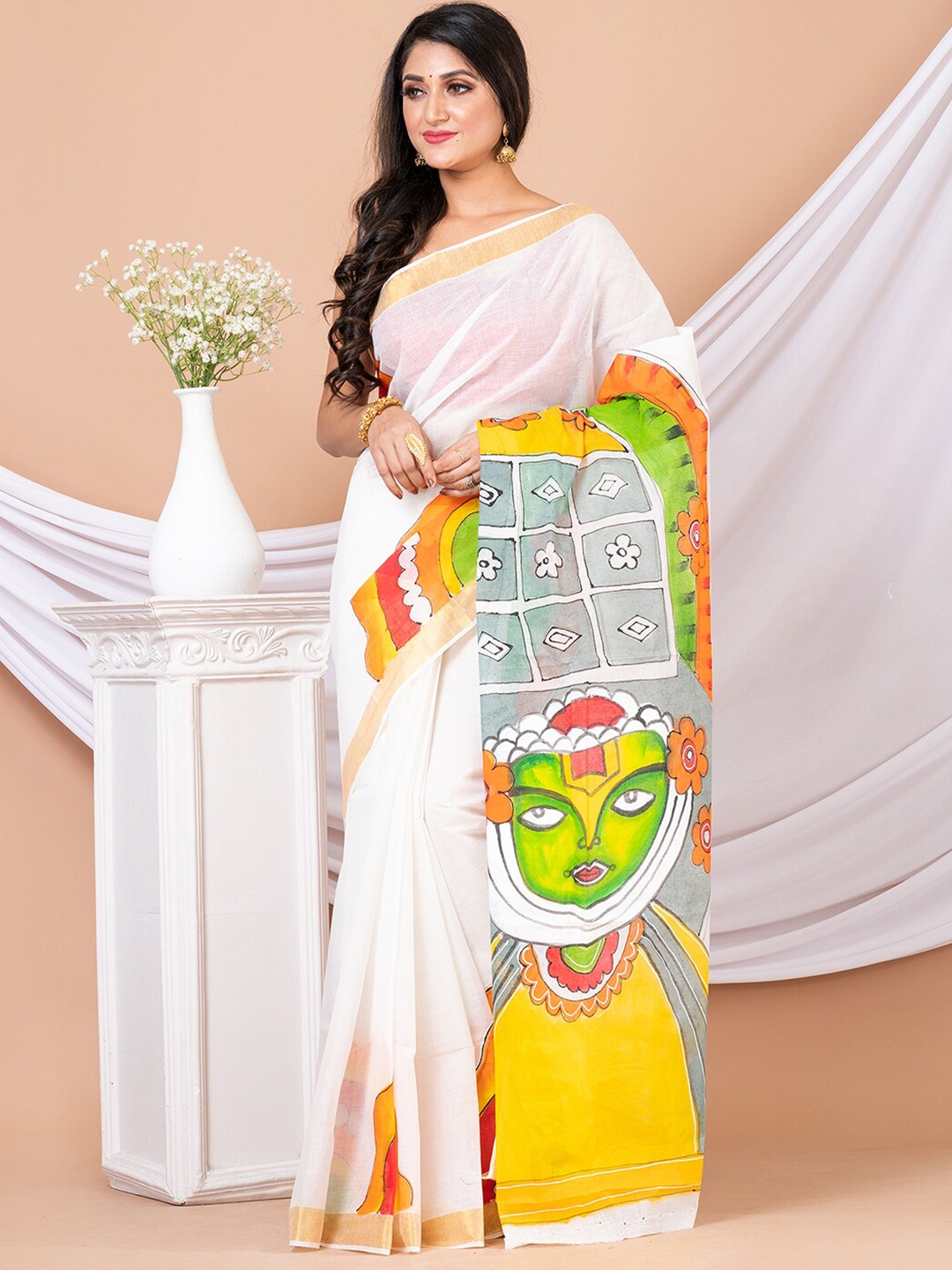 

HOUSE OF ARLI Ethnic Motifs Printed Zari Pure Cotton Saree, White