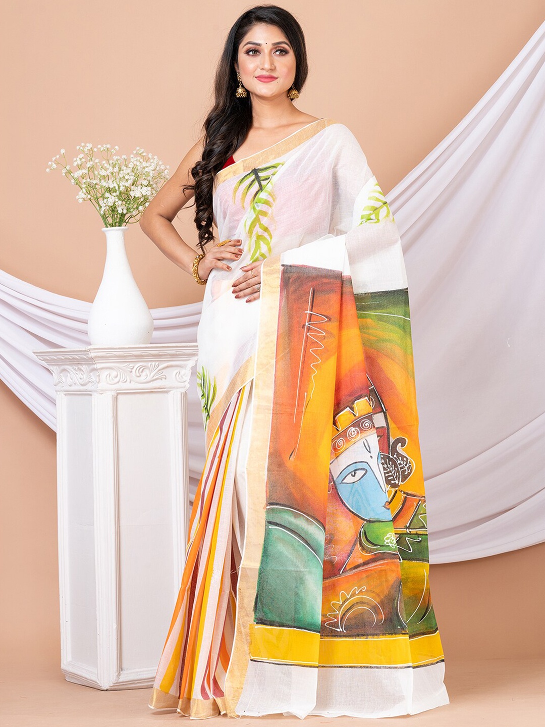 

HOUSE OF ARLI Ethnic Motifs Printed Zari Pure Cotton Saree, White