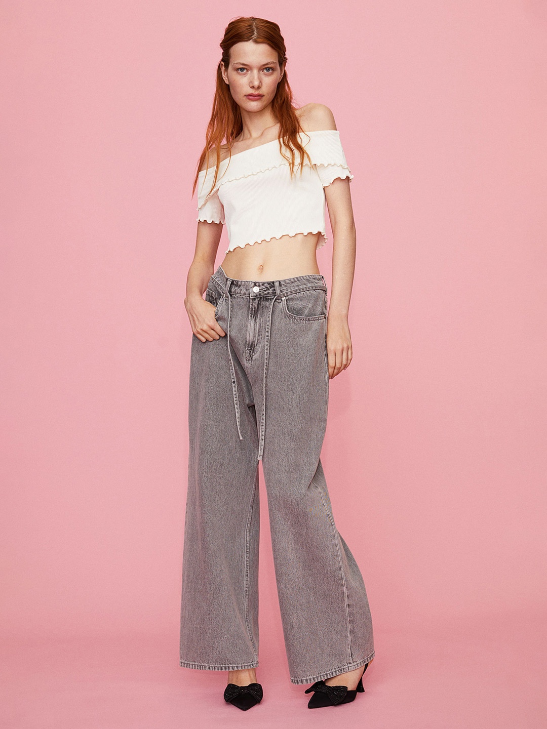 

H&M Ribbed Bardot Top, White