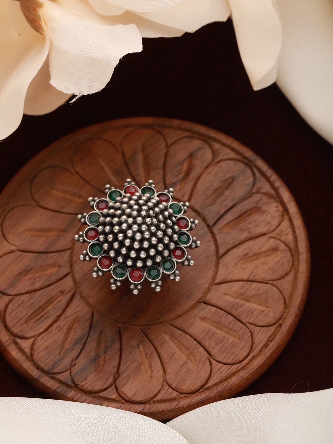 

Sangria Stone-Studded Adjustable Finger Ring, Silver
