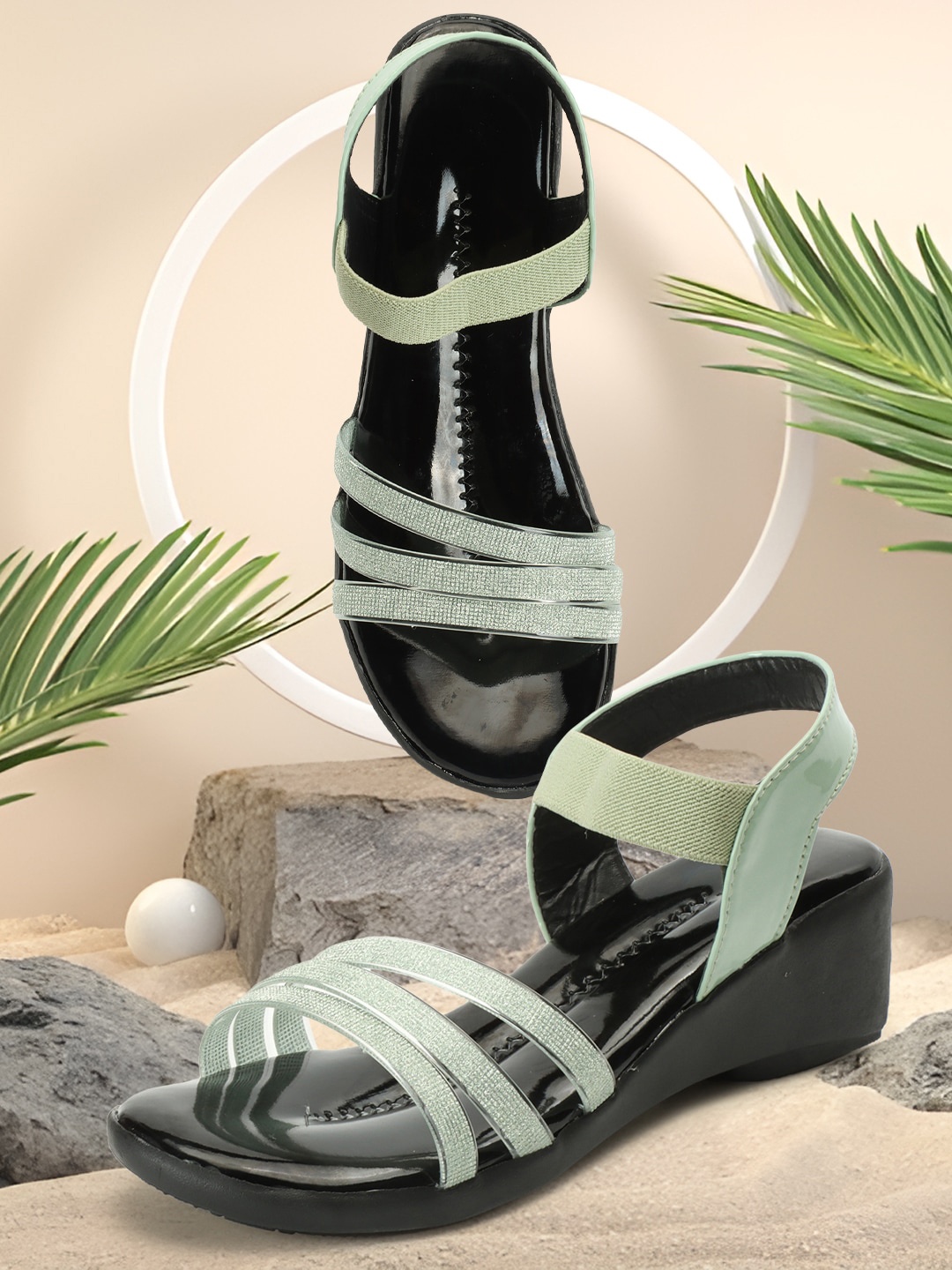 

Elibolz Textured Open Toe Wedges With Backstrap, Sea green