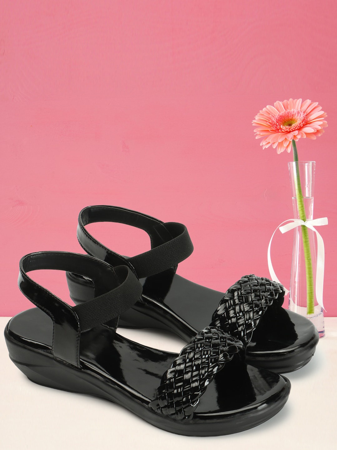 

Elibolz Braided Open Toe Wedges With Backstrap, Black