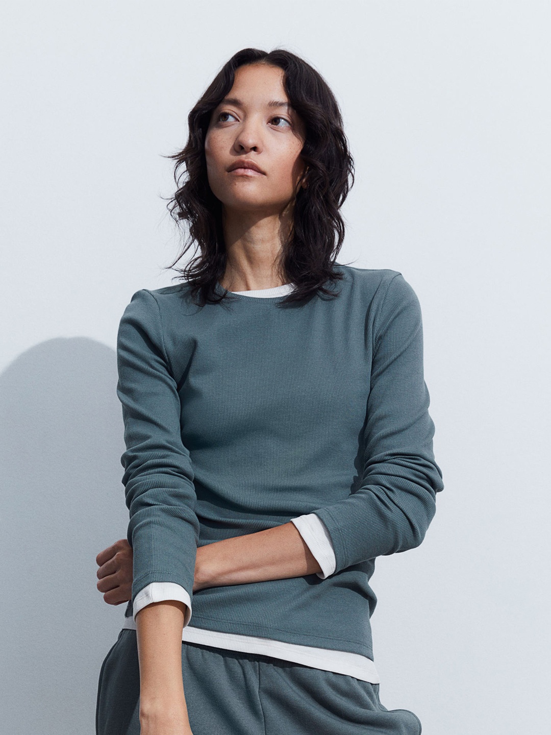 

H&M Ribbed Long-Sleeved Top, Green