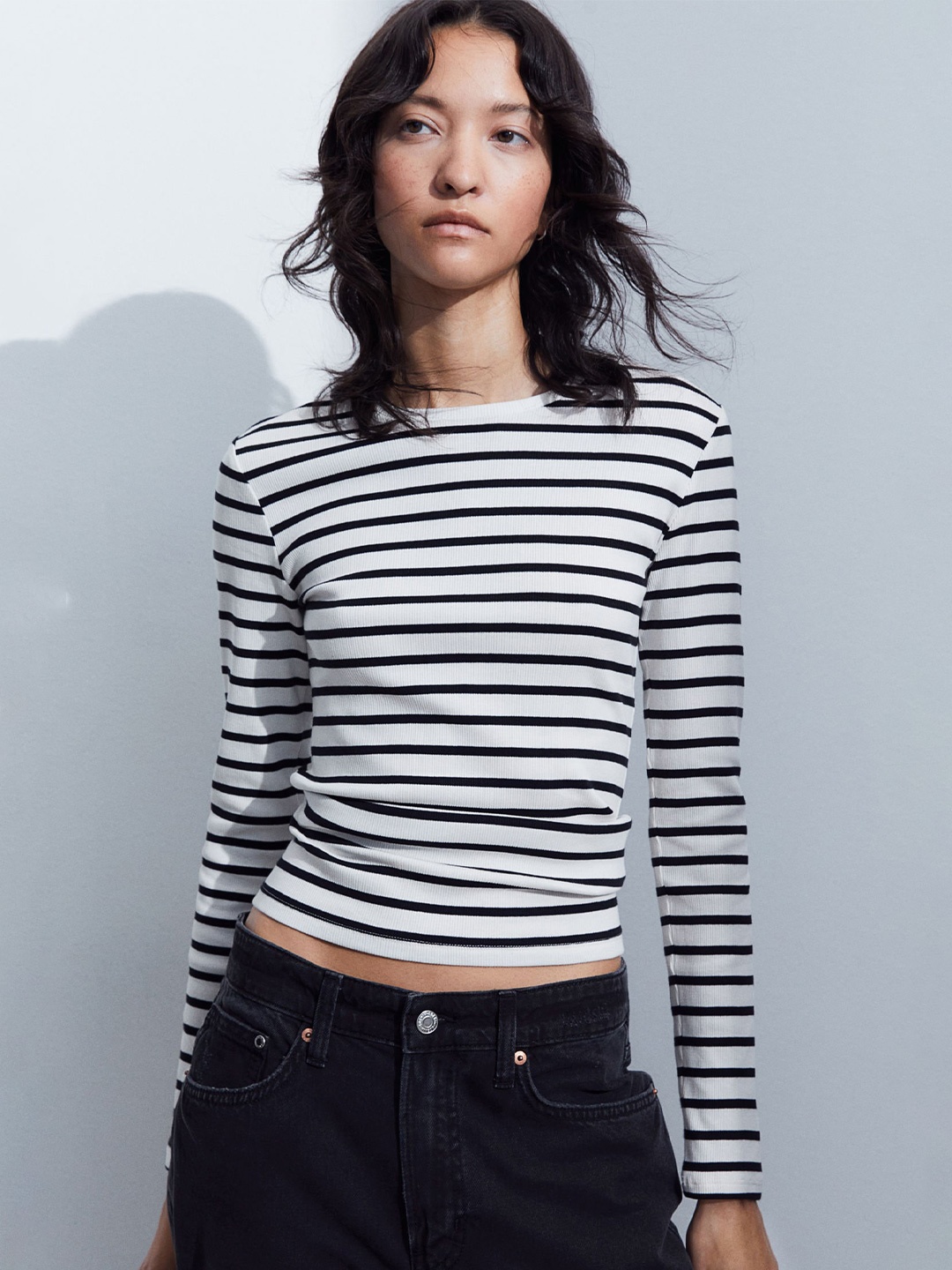 

H&M Ribbed Long-Sleeved Top, White
