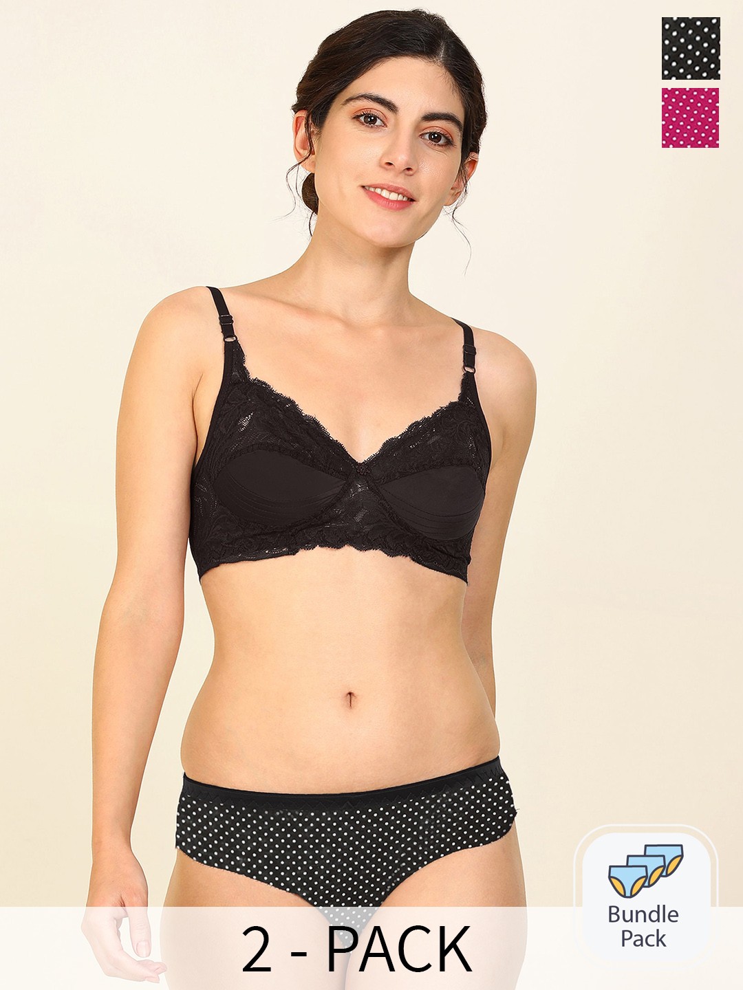 

AROUSY Pack Of 2 Laced Cotton Lingerie Sets, Black