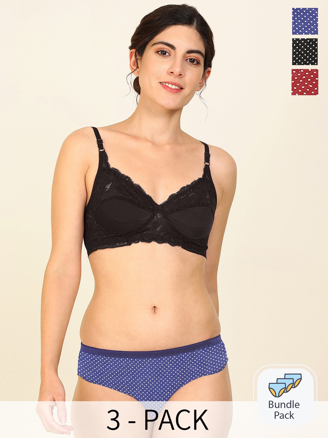 

AROUSY Pack Of 3 Laced Cotton Lingerie Sets, Black