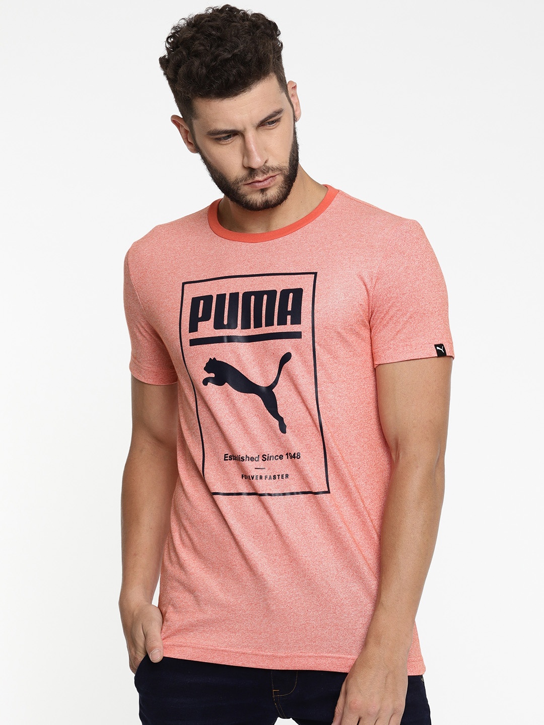 

Puma Men Coral Pink Printed Round Neck T-shirt