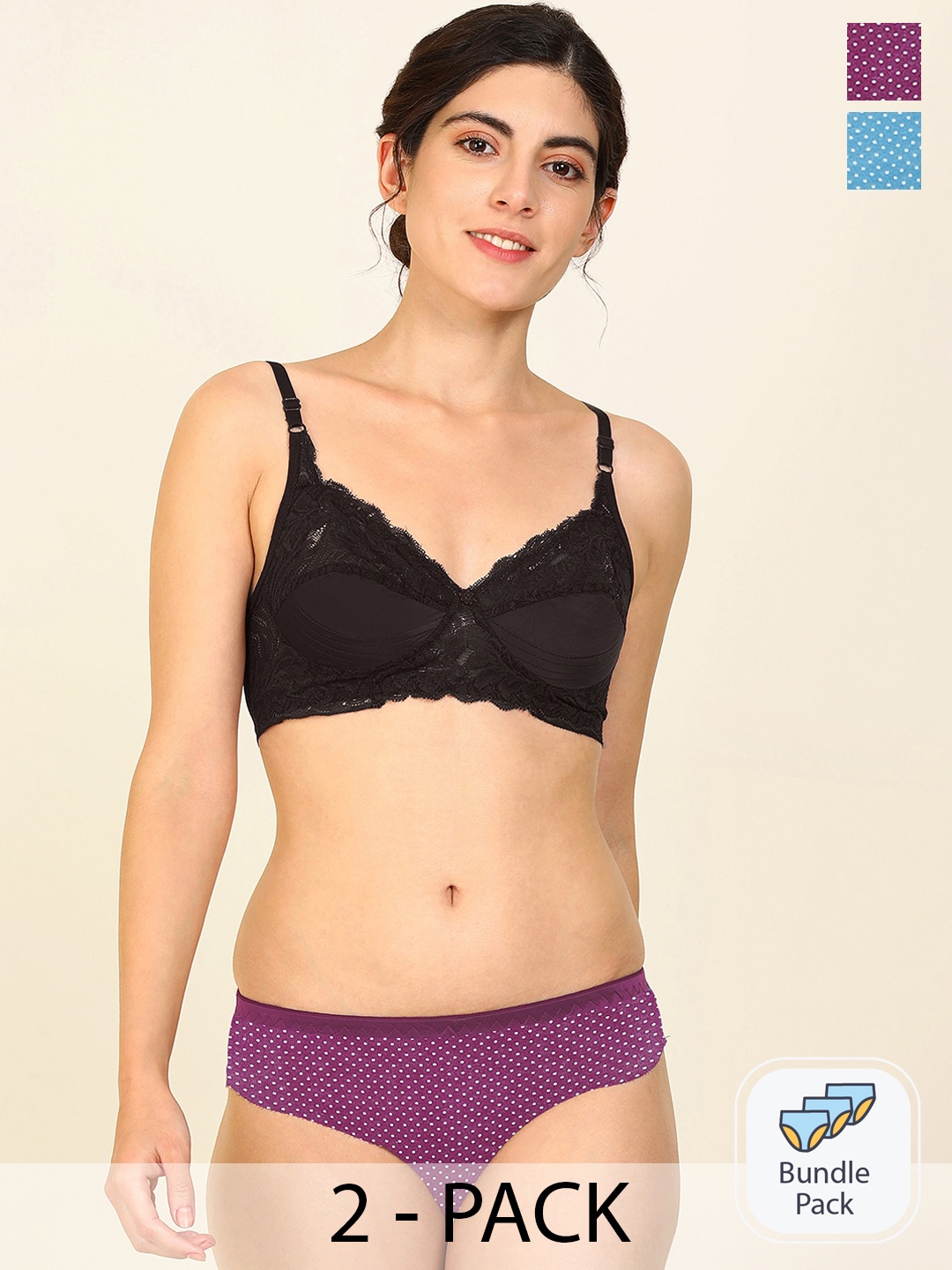 

PIBU Pack Of 2 Cotton Laced Lingerie Set F_Stiz Set_Purple,Green_30, Black
