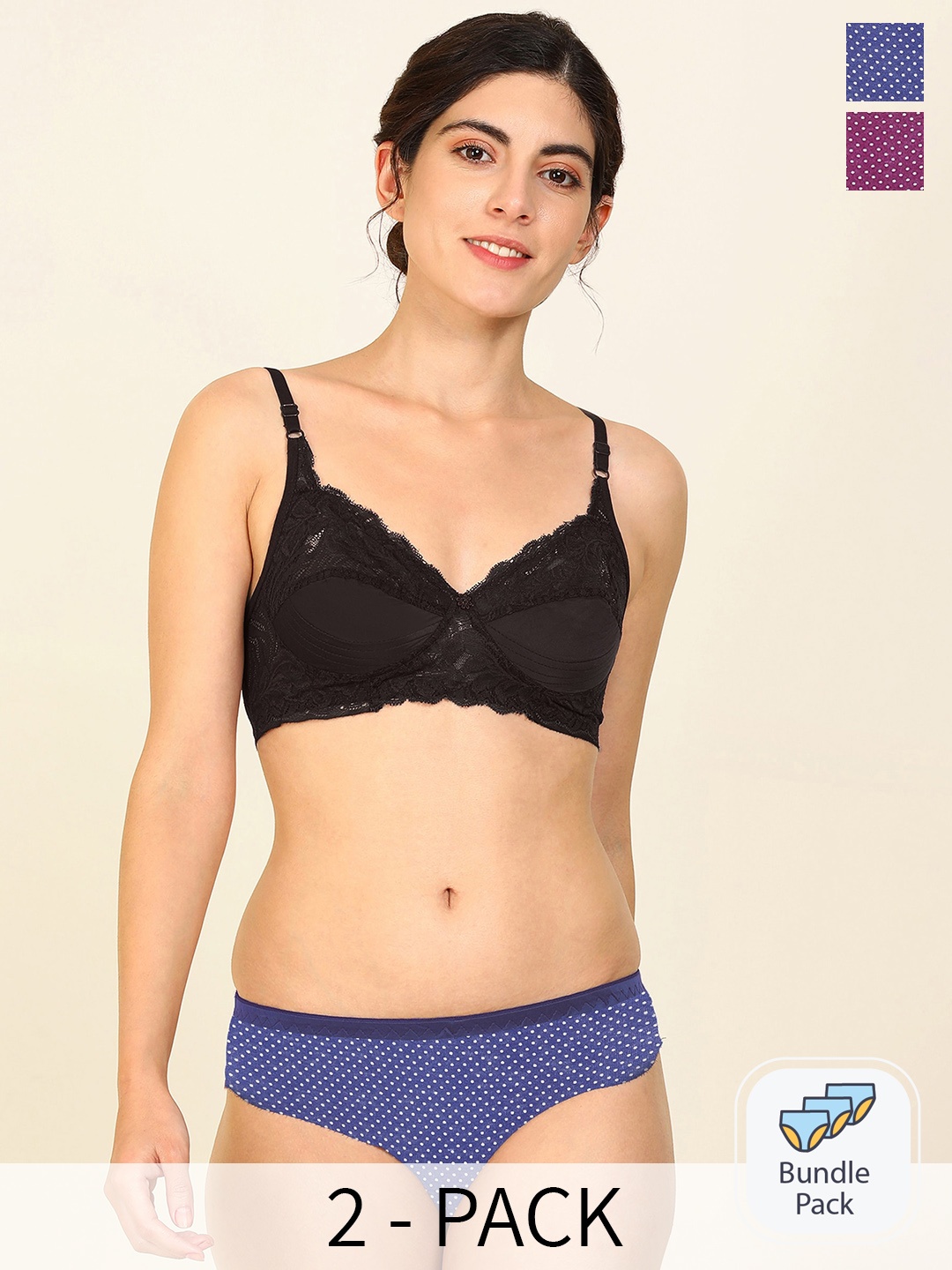 PIBU Pack Of 2 Self Design Comfortable Cotton Lingerie Set, Black