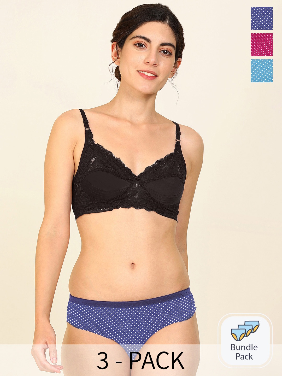

PIBU Pack Of 3 Cotton Lingerie Set F_Stiz Set_Pink,Blue,Green_30, Black