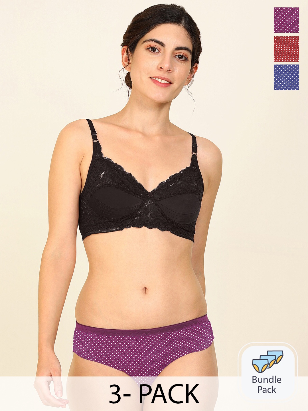 PIBU Pack Of 3 Non Wired Non Padded Cotton Lingerie Set, Blue