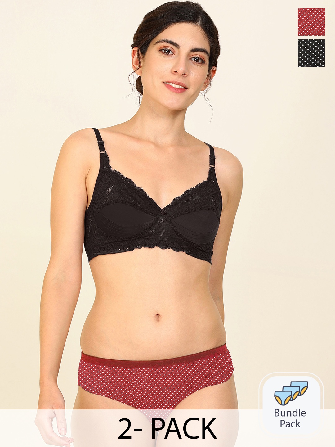 

PIBU Pack Of 2 Non Wired Non Padded Cotton Lingerie Set, Black
