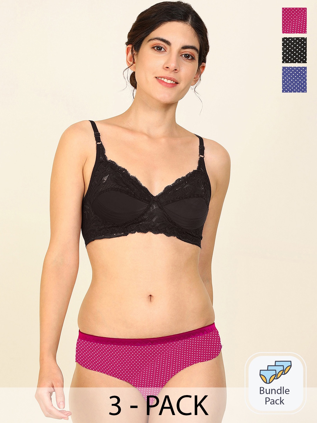 

Aamarsh Pack Of 3 Cotton Lingerie Set, Black