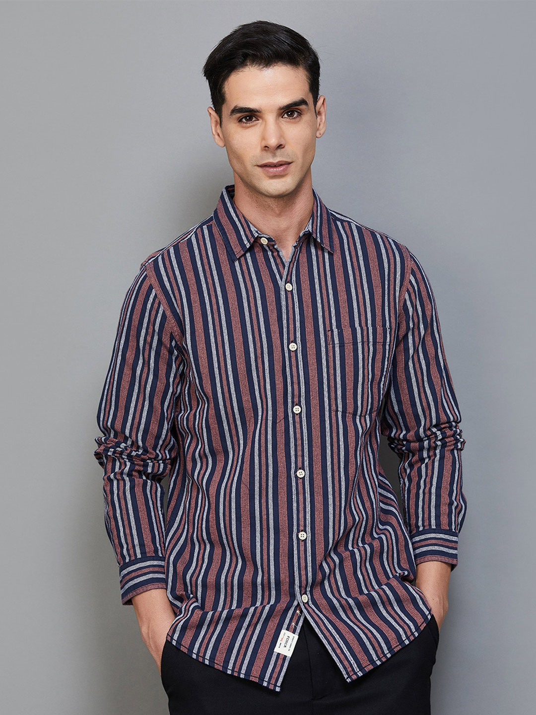 

Forca by Lifestyle Vertical Striped Spread Collar Cotton Casual Shirt, Blue