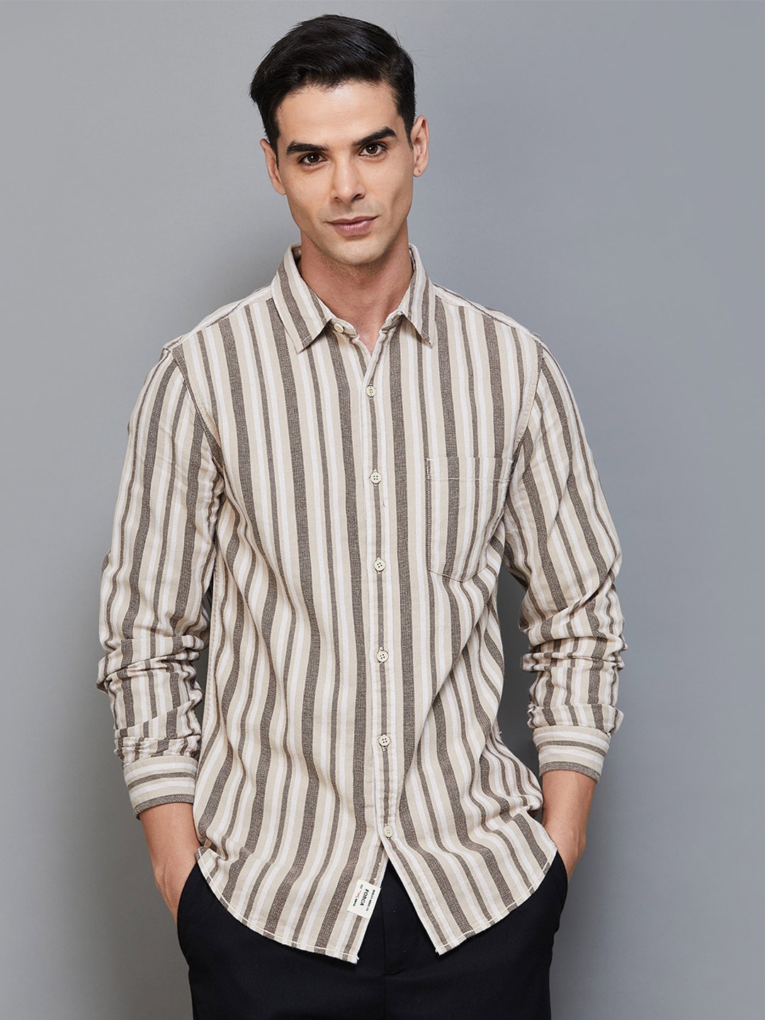 

Forca by Lifestyle Striped Cotton Casual Shirt, Beige