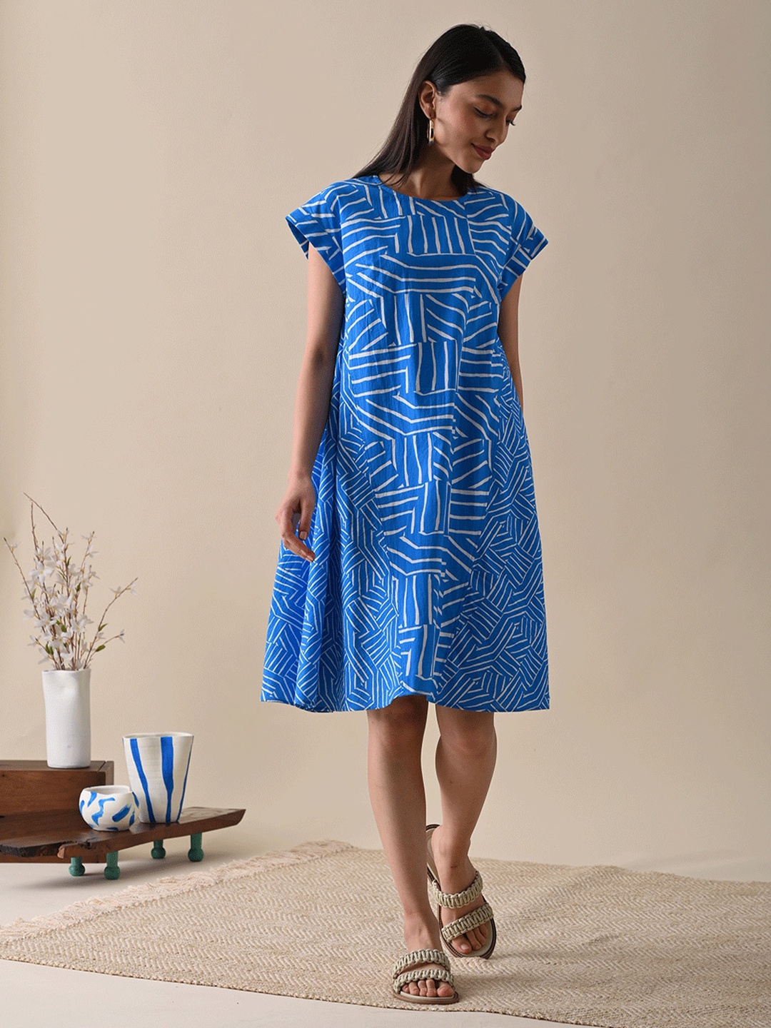 

Kanelle Chloe Abstract Printed A-Line Cotton Dress, Blue