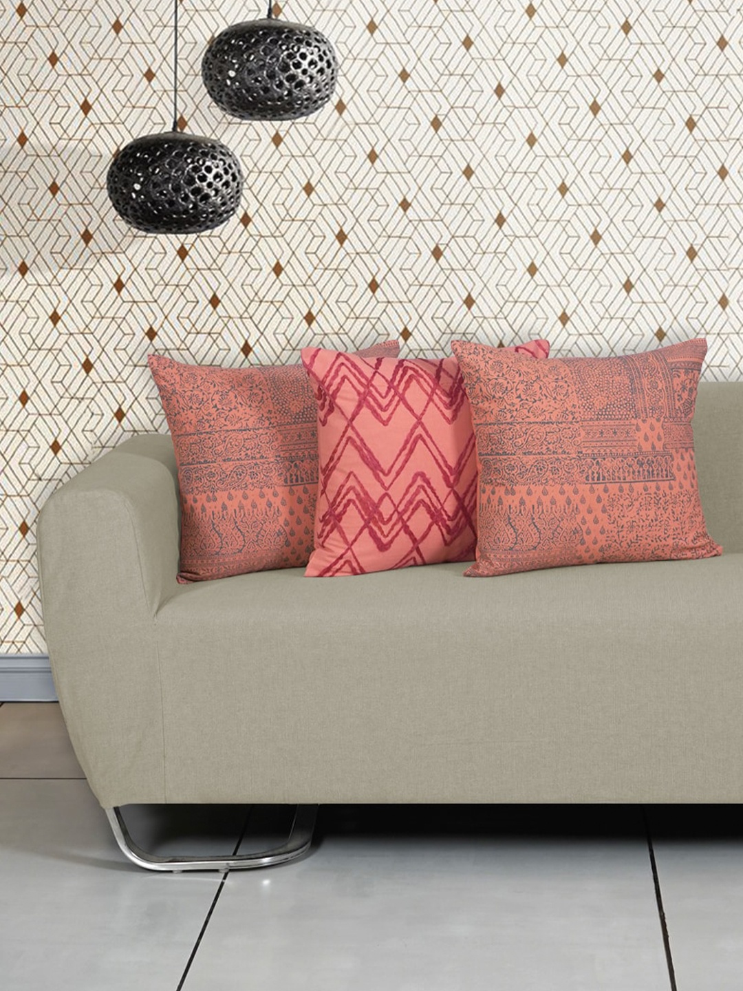 Ode & Cleo 3 Pcs Peach Abstract Square Cushion Covers