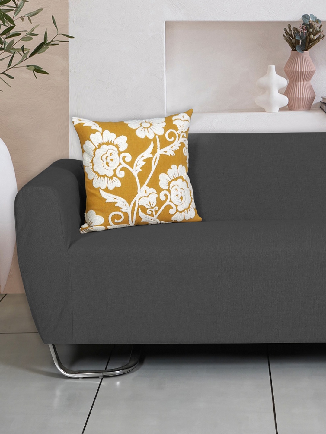 

Ode & Cleo Mustard-Colored 2 Pieces Embroidered Cushion Cover