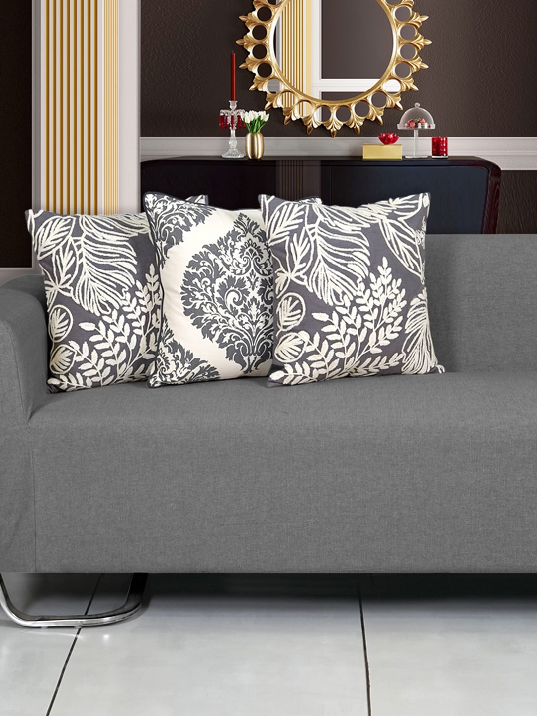 

Ode & Cleo Grey & White 3-Pieces Floral Cotton Square Cushion Covers
