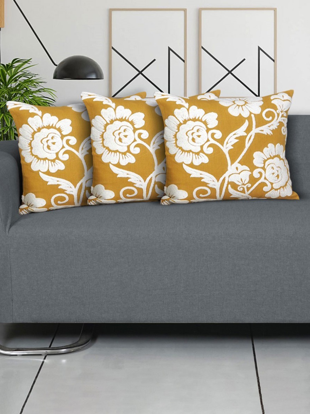 

Ode & Cleo 3 Pieces Mustard Yellow & White Embroidered Square Cushion Covers