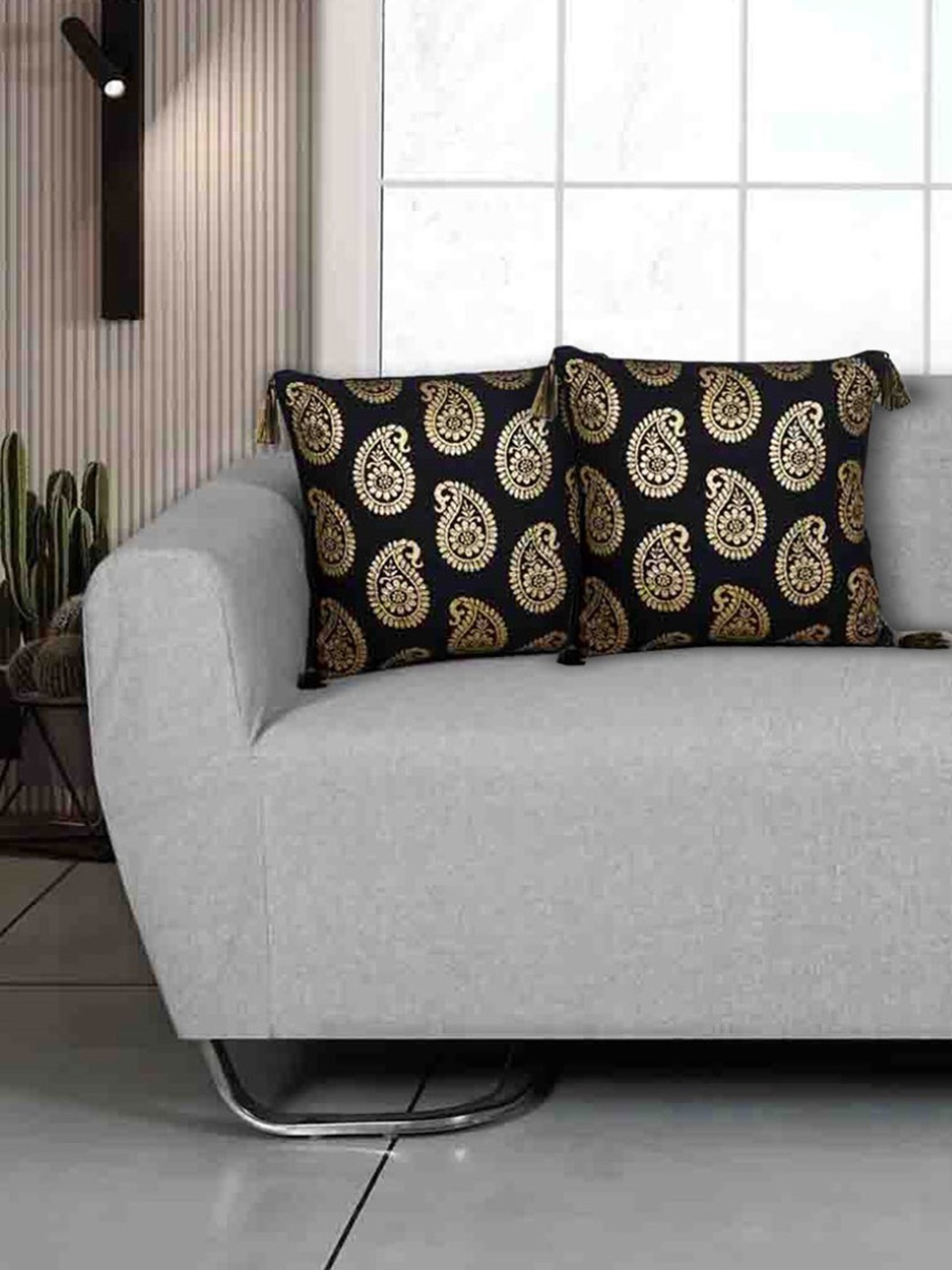 

Ode & Cleo Black & Beige Paisley Foil Printed Pure Cotton Square Cushion Cover