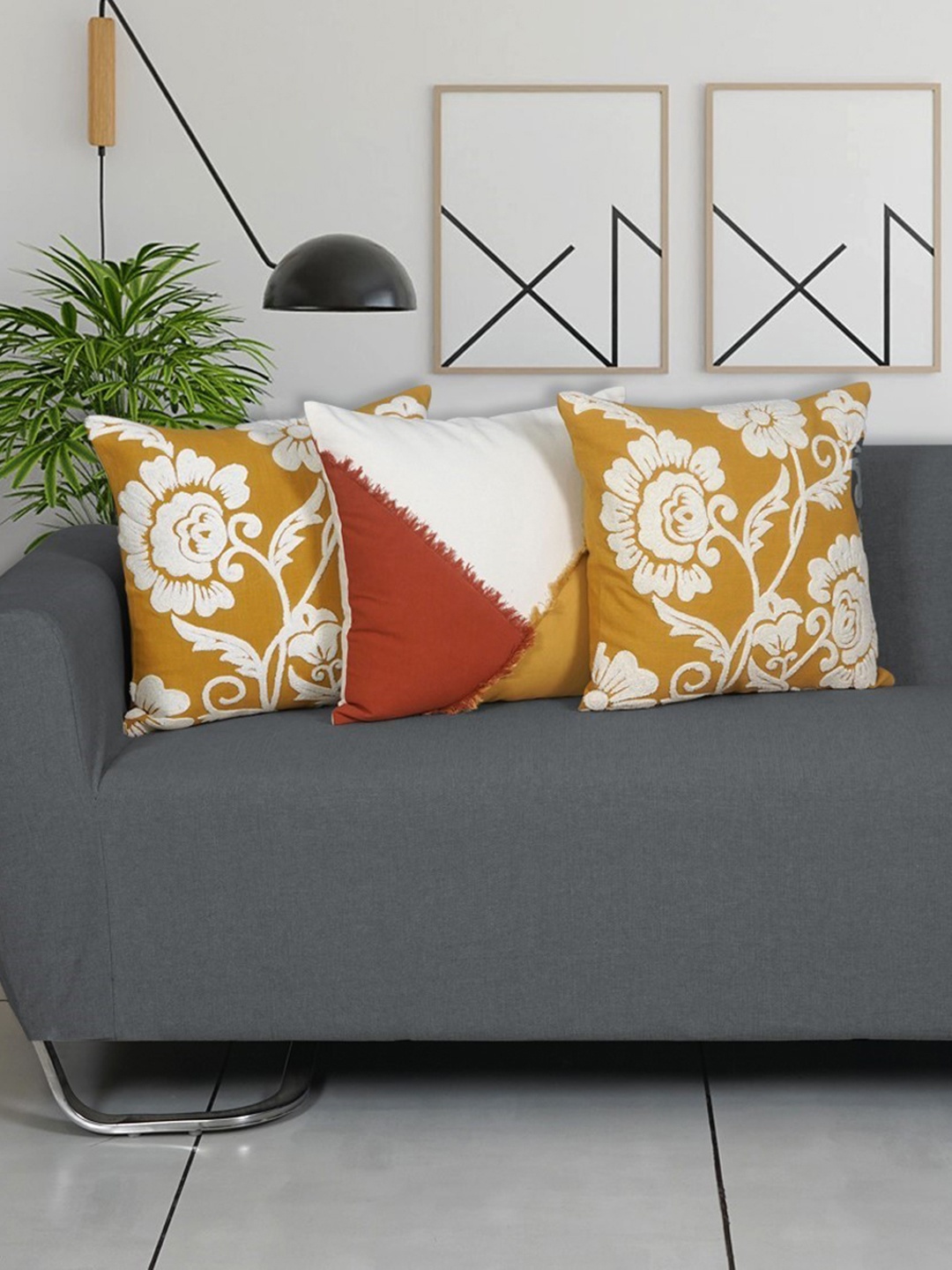 

Ode & Cleo White & Red Set of 3 Embroidered Square Cushion Covers