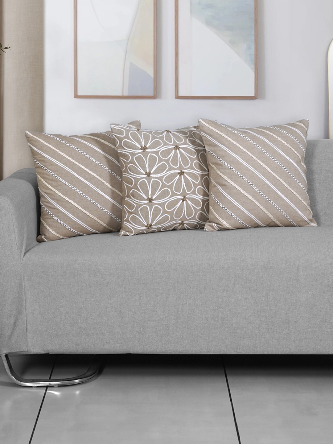 

Ode & Cleo Beige & Off White Embroidered Pure Cotton Square Cushion Cover
