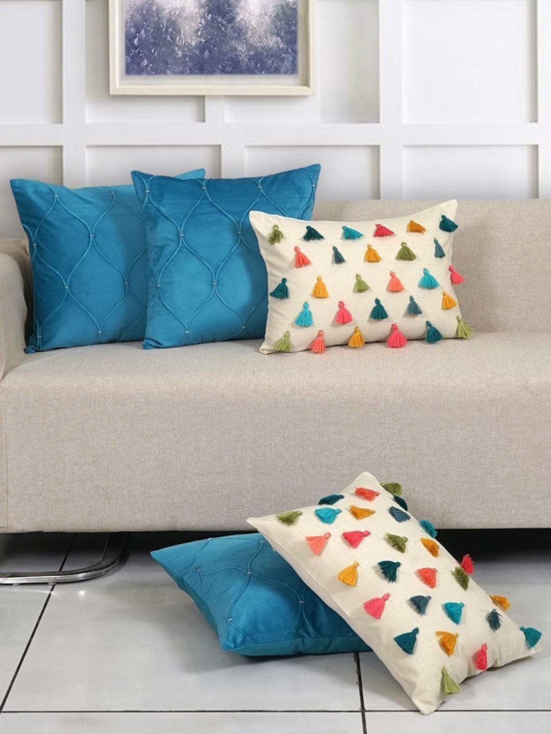 

Ode & Cleo Blue & Cream-Coloured Set of 5 Embroidered Square Cushion Covers