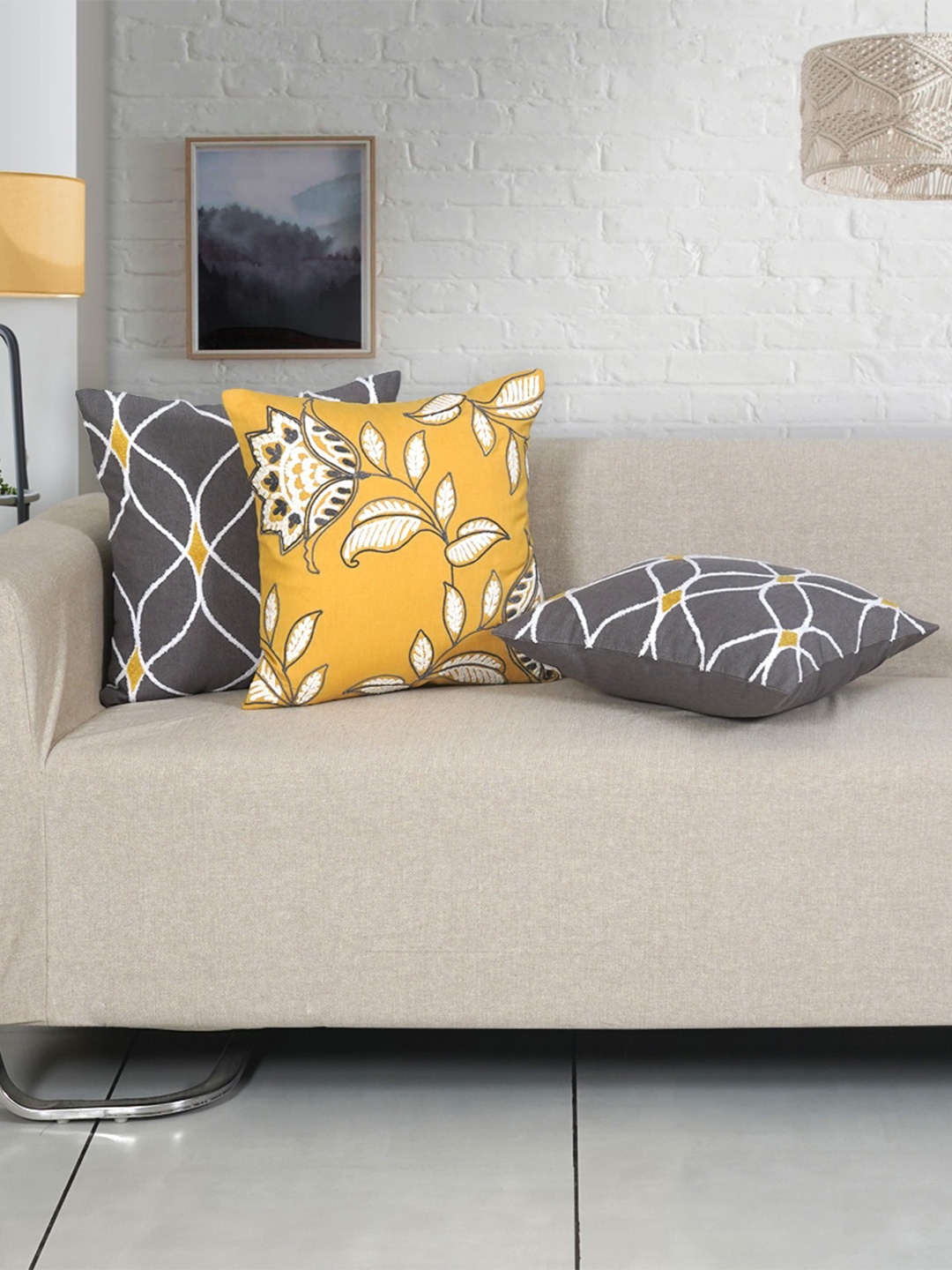 

Ode & Cleo Grey & Yellow 3 Pcs Embroidered Pure Cotton Square Cushion Covers