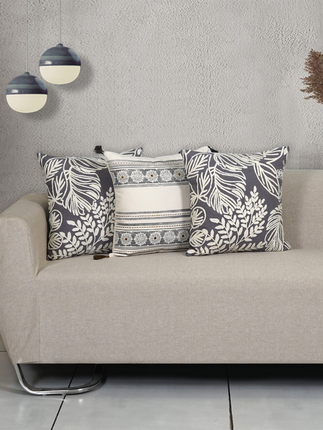 

Ode & Cleo White & Grey 3-Pieces Embroidered Pure Cotton Square Cushion Covers