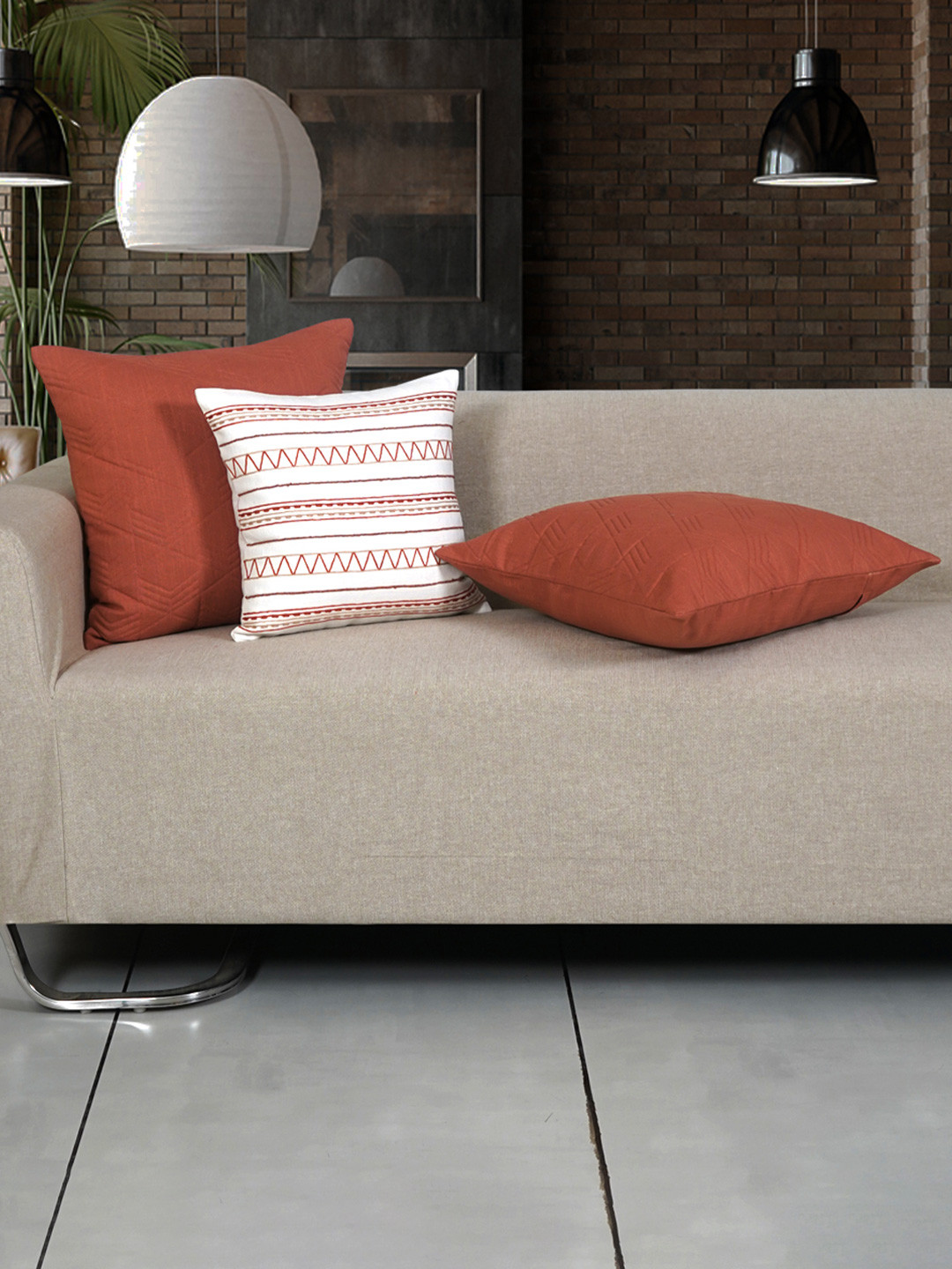 

Ode & Cleo Brown & White 3 Pieces Embroidered Cotton Square Cushion Covers
