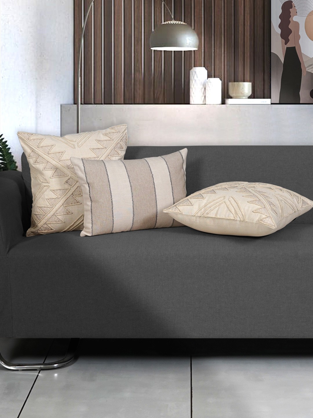 

Ode & Cleo Off White & Gold-Toned 3 Pieces Embroidered Pure Cotton Square Cushion Covers