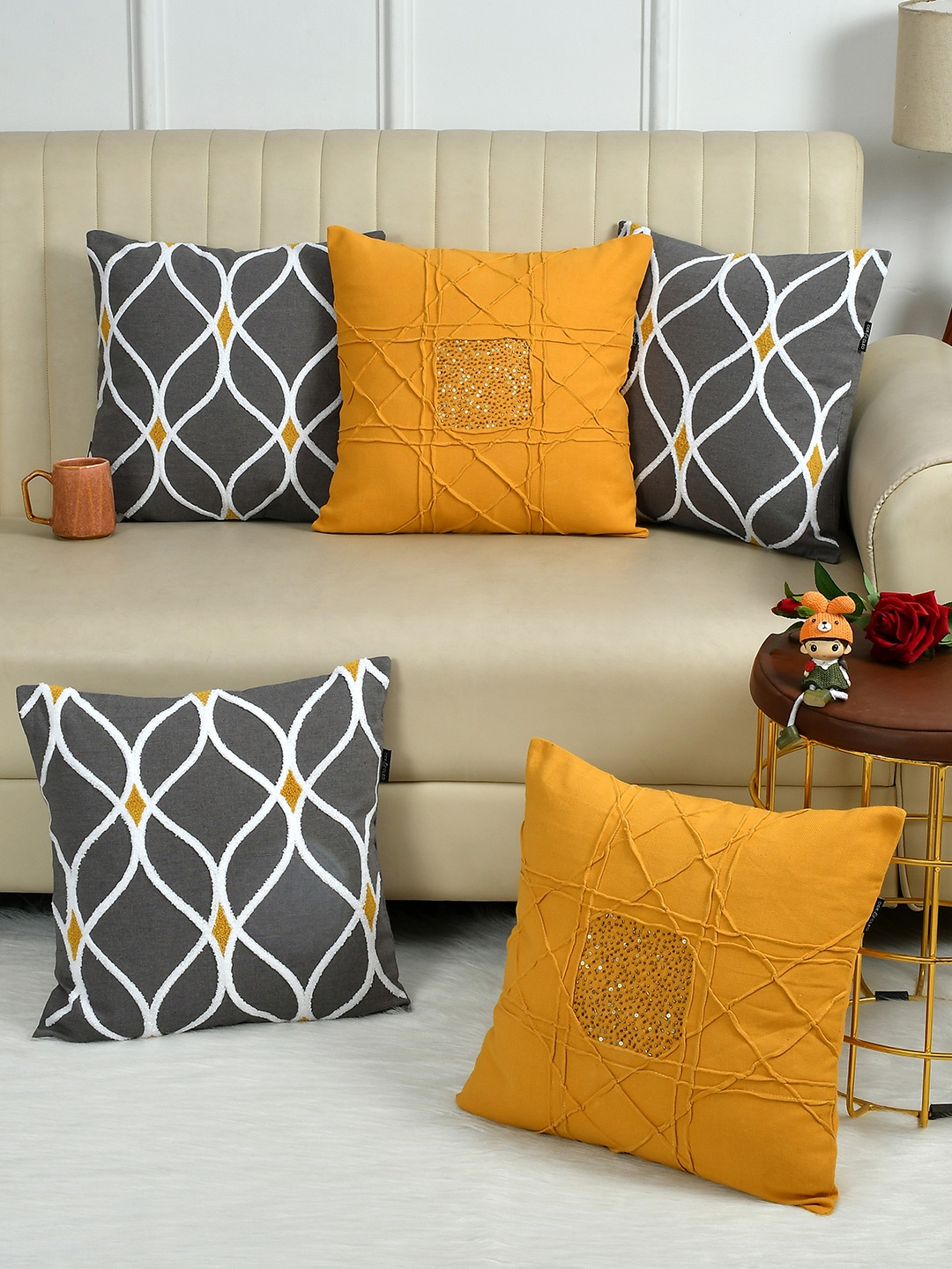 

Ode & Cleo Mustard & Off White Set of 5 Embroidered Square Cushion Covers