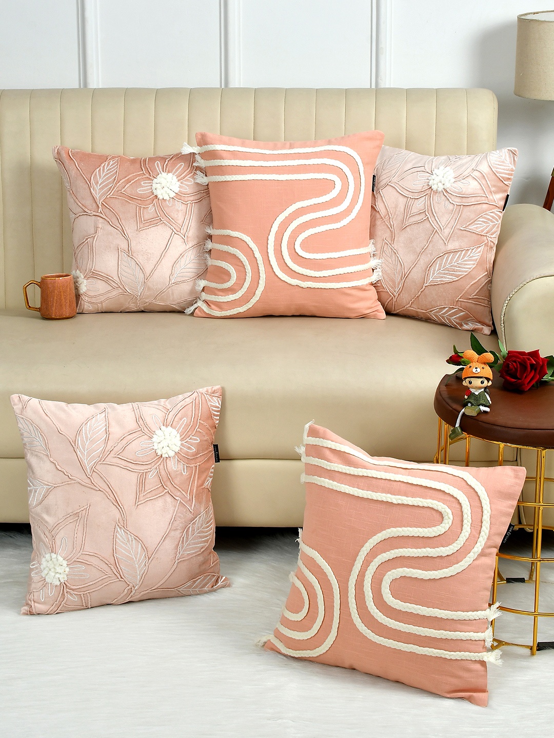 

Ode & Cleo Pink & Grey 5-Pieces Embroidered Pure Cotton Square Cushion Covers