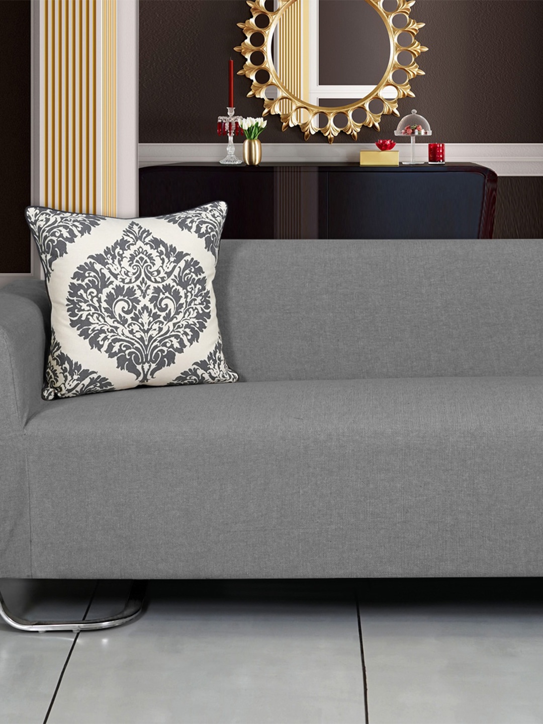 

Ode & Cleo Set of 2 Grey & White Ethnic Motifs Pure Cotton Square Cushion Cover