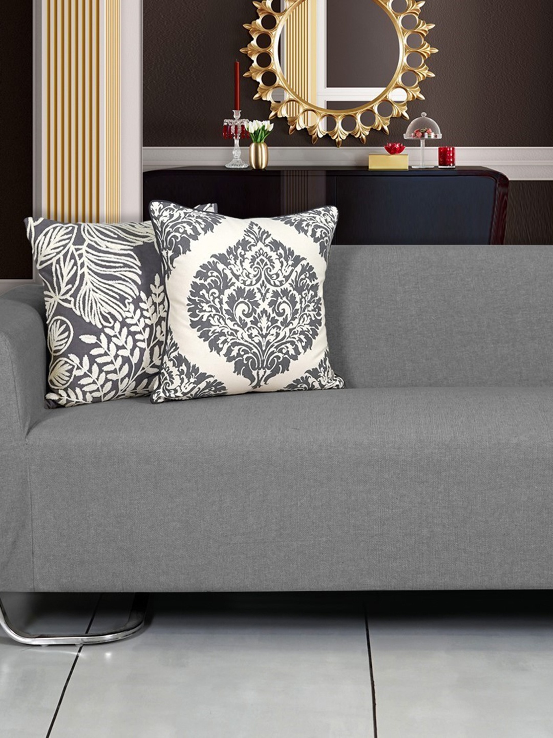 

Ode & Cleo Grey & White 2 Pieces Ethnic Motifs Pure Cotton Square Cushion Covers