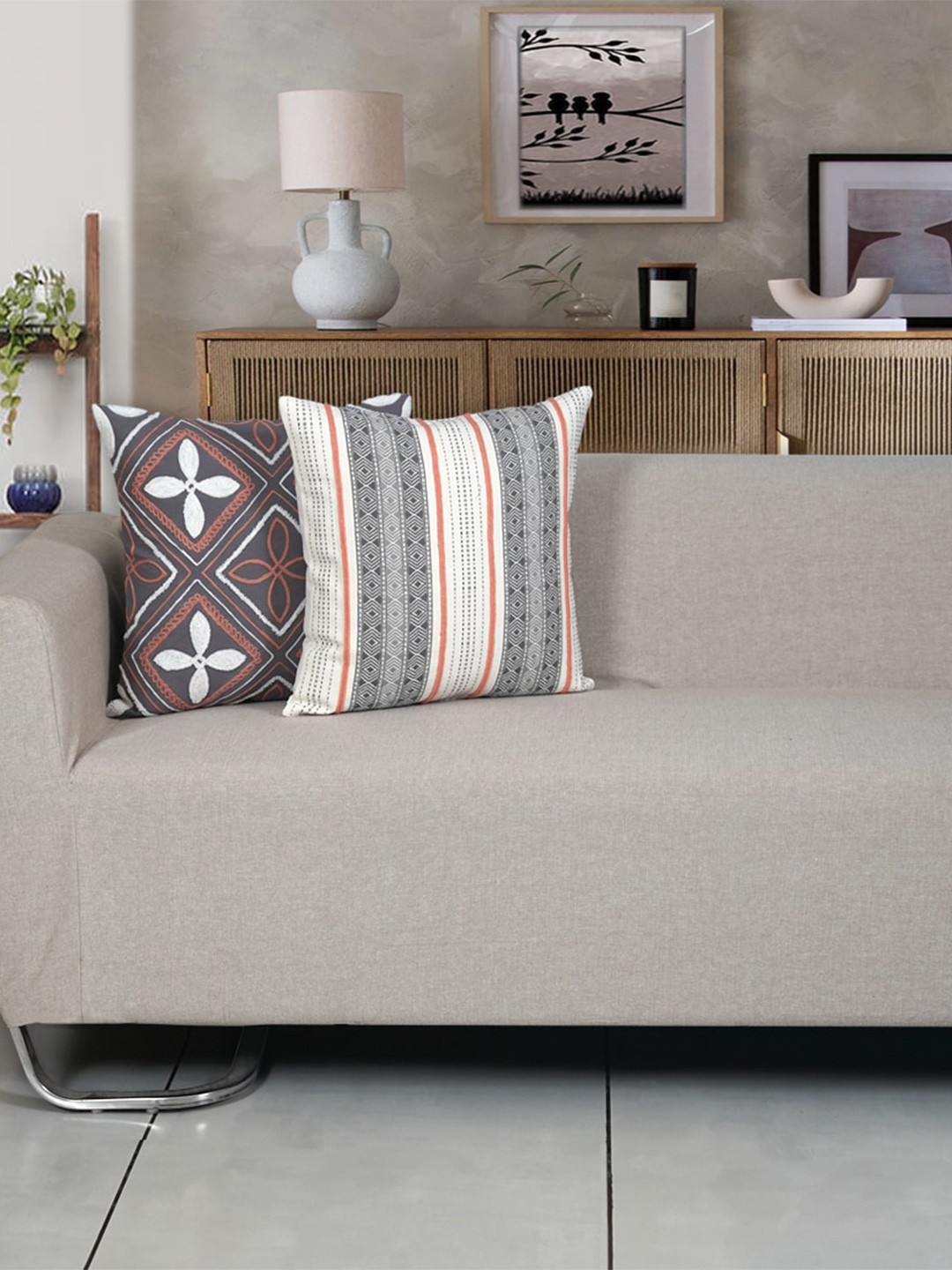 

Ode & Cleo Grey & White 2-Pieces Embroidered Pure Cotton Square Cushion Covers